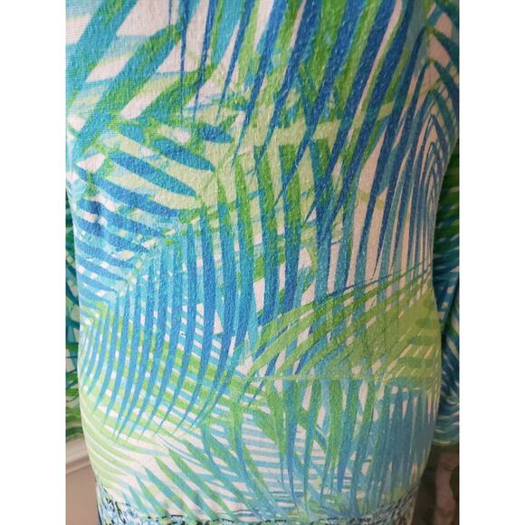Ruby Rd. Blouse Top Womens XL White Blue Palm Leafs Side Slit Keyhole Round Neck - Picture 11 of 13